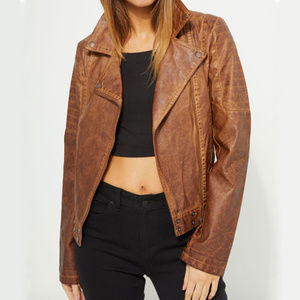 New With Tag Brown Worn Faux Leather Moto Jacket